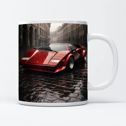 Red Lamborghini Countach On Rainy Cobblestone Street