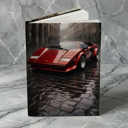 Red Lamborghini Countach On Rainy Cobblestone Street