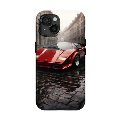 Red Lamborghini Countach On Rainy Cobblestone Street