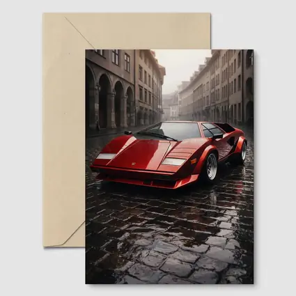 Red Lamborghini Countach On Rainy Cobblestone Street