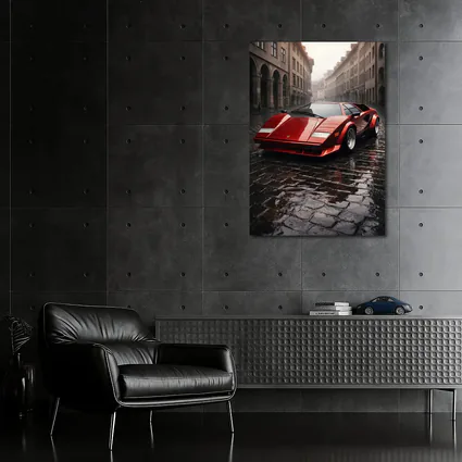 Red Lamborghini Countach On Rainy Cobblestone Street