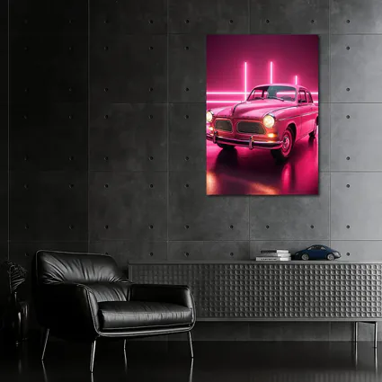 Retro Volvo Classic Car Neon Pink Background