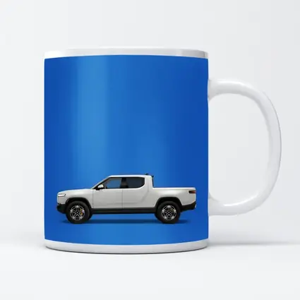 Rivian R1T White Truck Blue Background