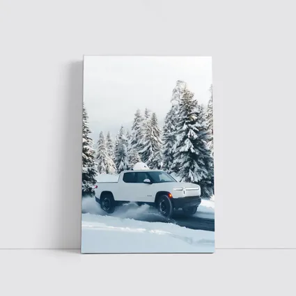 Rivian R1T White Truck Snowy Winter Forest
