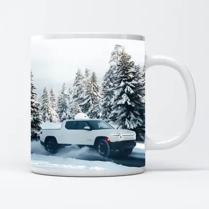 Rivian R1T White Truck Snowy Winter Forest