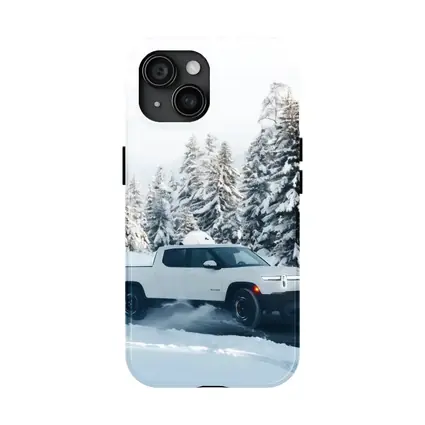 Rivian R1T White Truck Snowy Winter Forest