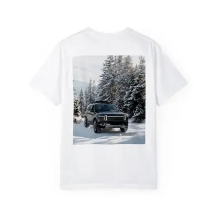 Rivian R1S Dark SUV Snowy Forest Trail