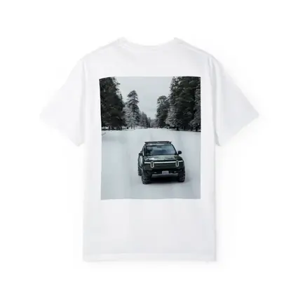 Rivian R1S Green Truck Snowy Forest Road