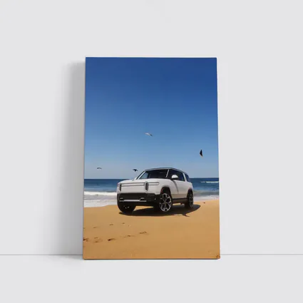 Rivian R1S White SUV Beach Ocean