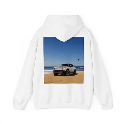Rivian R1S White SUV Beach Ocean
