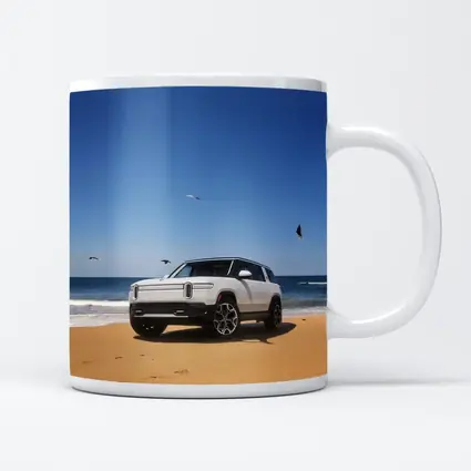 Rivian R1S White SUV Beach Ocean