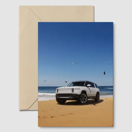 Rivian R1S White SUV Beach Ocean