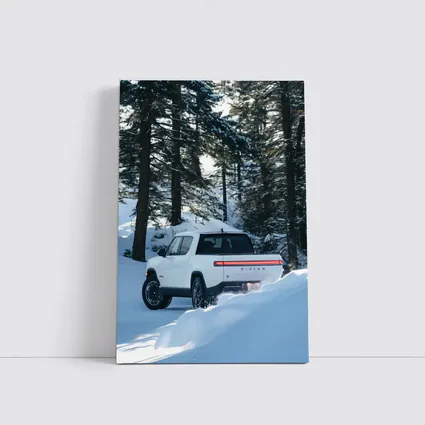 Rivian R1S White Truck Snowy Forest