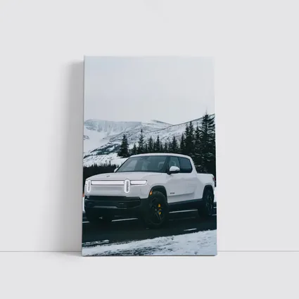 Rivian R1T White Truck Snowy Mountain Road