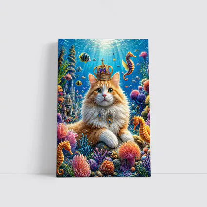Royal Cat Wearing Crown Underwater Coral Kingdom