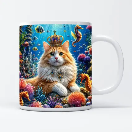 Royal Cat Wearing Crown Underwater Coral Kingdom