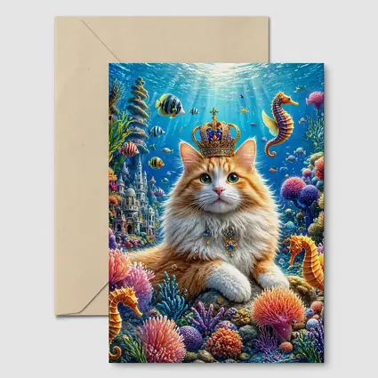 Royal Cat Wearing Crown Underwater Coral Kingdom