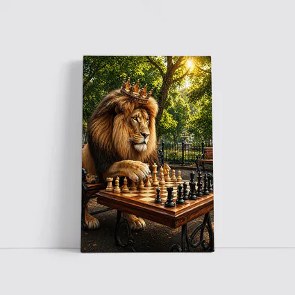 Crowned Lion Playing Chess in Park