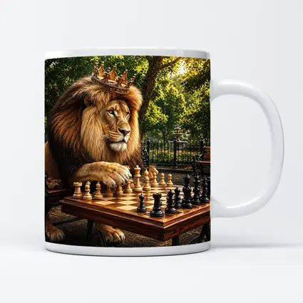 Crowned Lion Playing Chess in Park