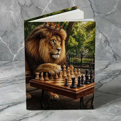 Crowned Lion Playing Chess in Park
