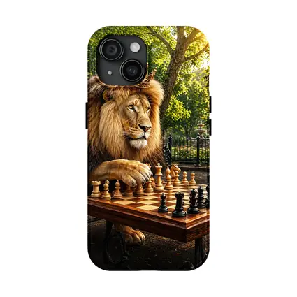 Crowned Lion Playing Chess in Park
