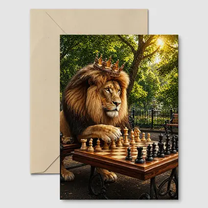 Crowned Lion Playing Chess in Park