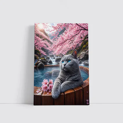Russian Blue Cat Cherry Blossoms Hot Spring