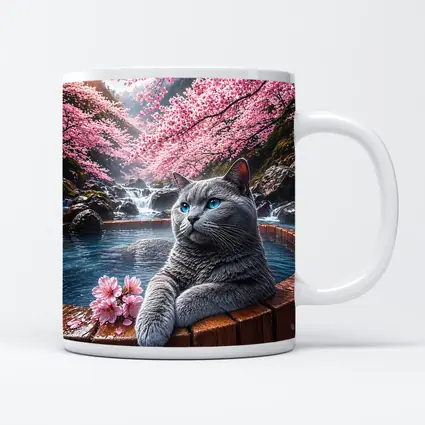 Russian Blue Cat Cherry Blossoms Hot Spring