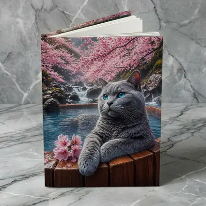 Russian Blue Cat Cherry Blossoms Hot Spring