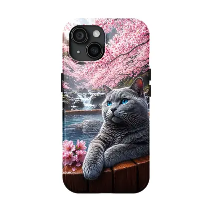 Russian Blue Cat Cherry Blossoms Hot Spring