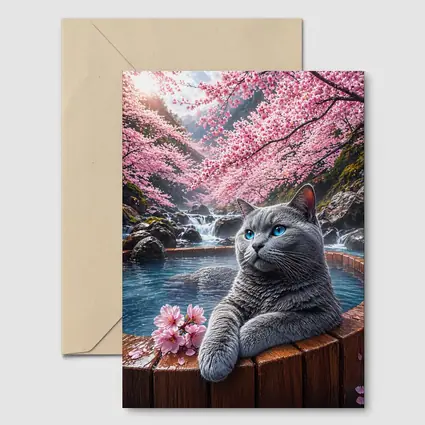 Russian Blue Cat Cherry Blossoms Hot Spring