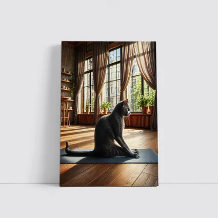 Russian Blue Cat Sitting on Yoga Mat