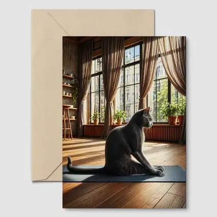 Russian Blue Cat Sitting on Yoga Mat