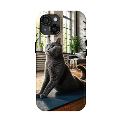 Russian Blue Cat Doing Yoga Indoors