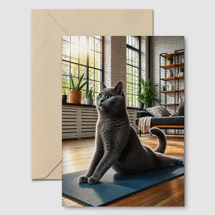 Russian Blue Cat Doing Yoga Indoors