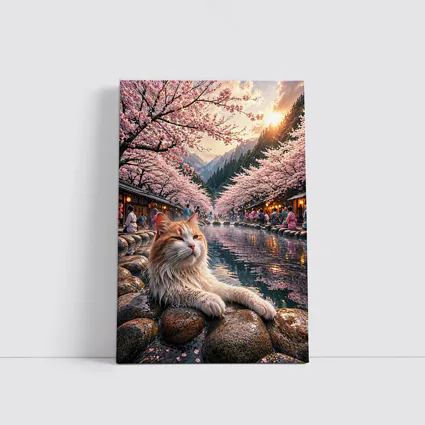 Orange Cat Relaxing Japanese Onsen Cherry Blossoms