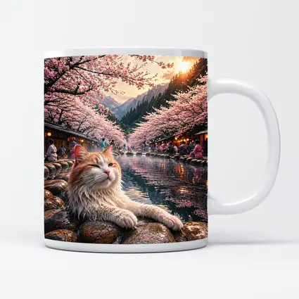 Orange Cat Relaxing Japanese Onsen Cherry Blossoms