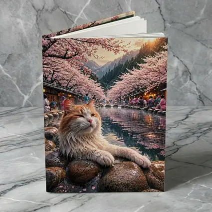 Orange Cat Relaxing Japanese Onsen Cherry Blossoms