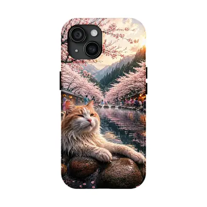 Orange Cat Relaxing Japanese Onsen Cherry Blossoms