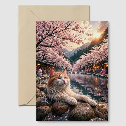 Orange Cat Relaxing Japanese Onsen Cherry Blossoms