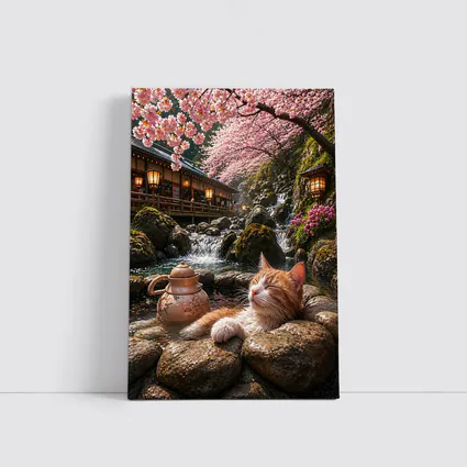 Orange Cat Resting by Cherry Blossom Waterfall