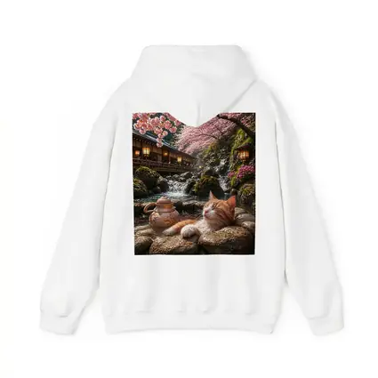 Orange Cat Resting by Cherry Blossom Waterfall