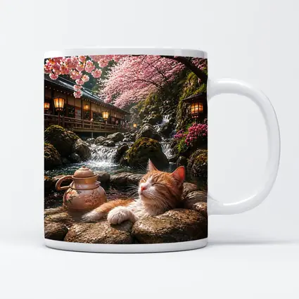 Orange Cat Resting by Cherry Blossom Waterfall
