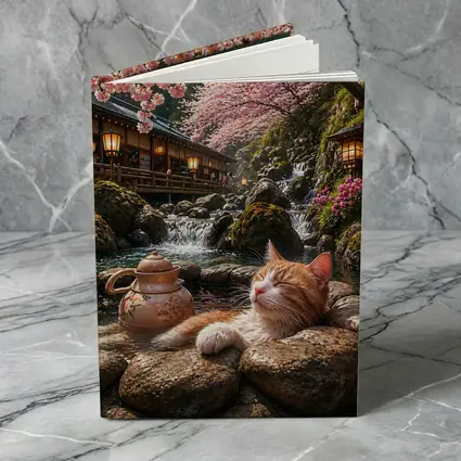 Orange Cat Resting by Cherry Blossom Waterfall
