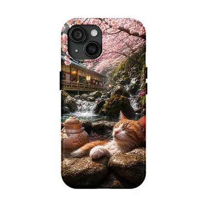 Orange Cat Resting by Cherry Blossom Waterfall