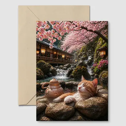 Orange Cat Resting by Cherry Blossom Waterfall