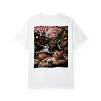 Orange Cat Resting by Cherry Blossom Waterfall