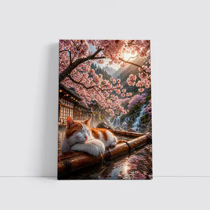Orange White Cat Resting Under Cherry Blossoms