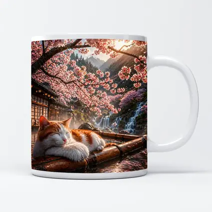 Orange White Cat Resting Under Cherry Blossoms