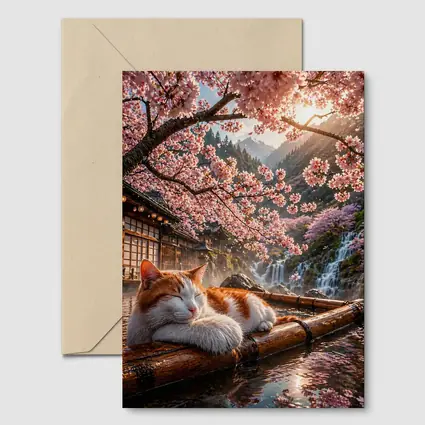 Orange White Cat Resting Under Cherry Blossoms